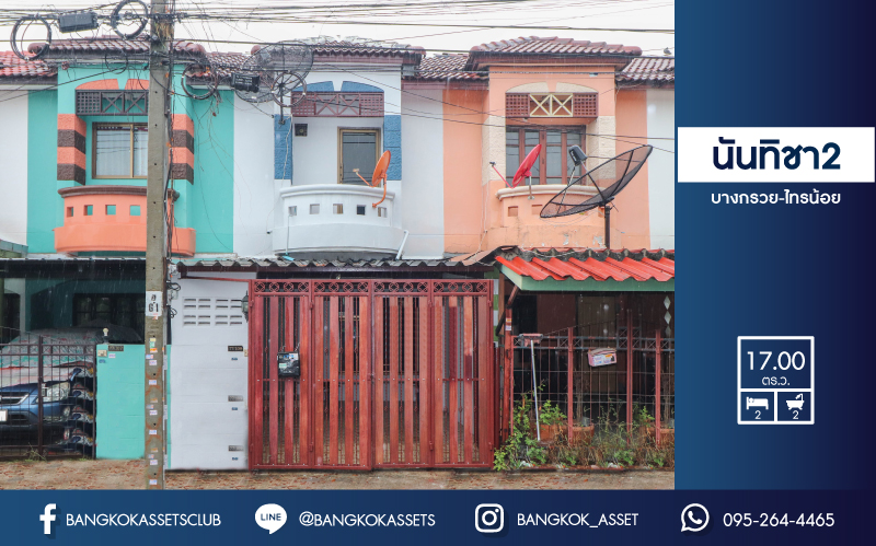 *****ทาวน์เฮ้าส์มือสองย่านนนทบุรี ม.นันทิชา2 บางกรวย-ไทรน้อย บนเนื้อที่ 17 ตร.ว. ฟังก์ชัน 2 ห้องนอน 2 ห้องน้ำ 1 ที่จอดรถ บ้านพร้อมอยู่ในราคาพิเศษ ติดถ.บางกรวย-กรุงเทพ เชื่อมต่อถ.บ้านกล้วย-ไทรน้อย, ถ.กาญจนาภิเษก ใกล้รถไฟฟ้าสายสีม่วง "สถานีคลองบางไผ่"