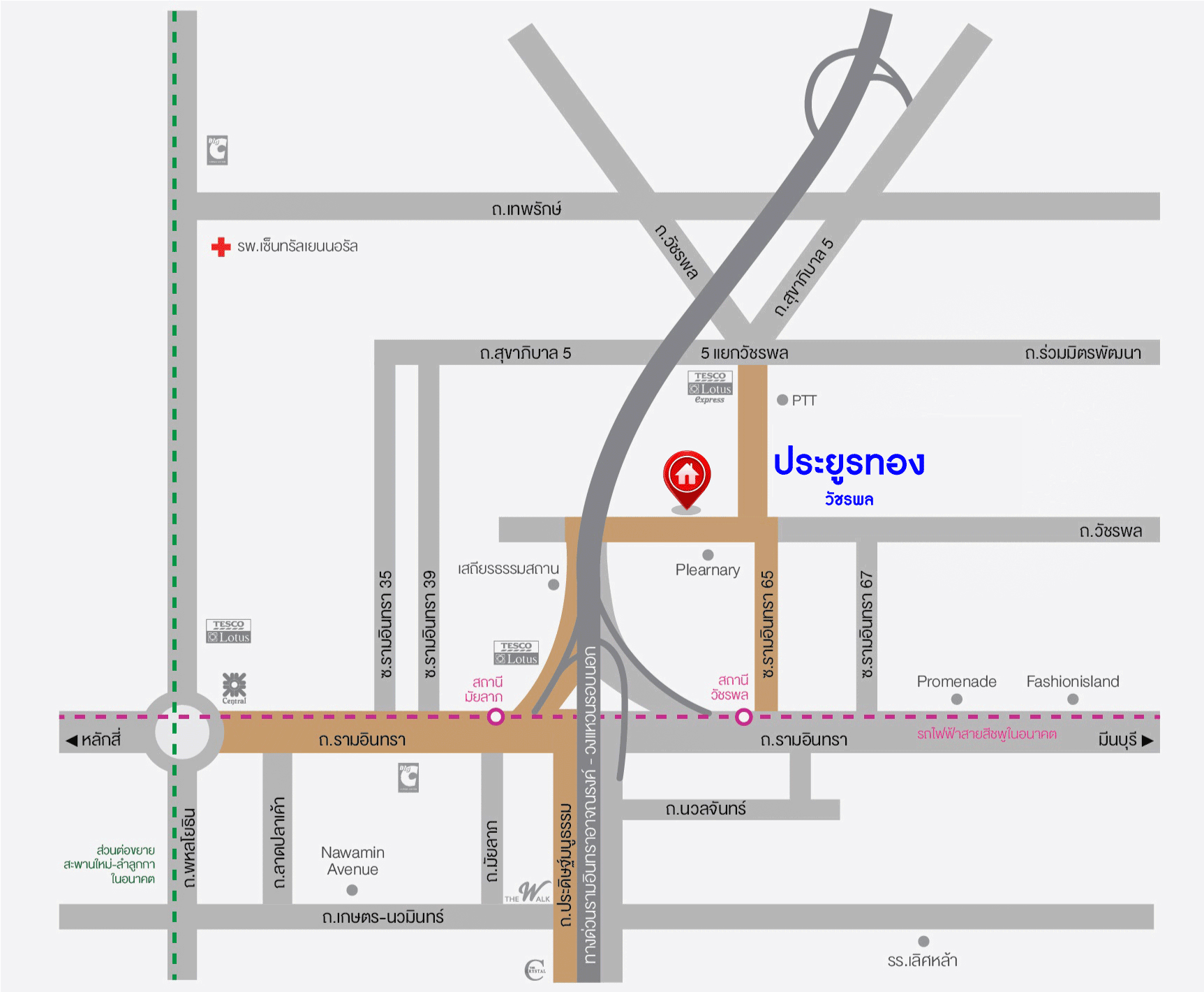 *****ทาวน์เฮ้าส์มือสองย่านนนทบุรี ม.ประยูรทอง วัชรพล บนเนื้อที่ 22 ตร.ว. ฟังก์ชัน 3 ห้องนอน 2 ห้องน้ำ 1 ที่จอดรถ บ้านหันทิศตะวันออก บนทำเลศักยภาพ เชื่อมต่อถ.รามอินทรา, ถ.สุขาภิบาล 5 ใกล้แฟชั่นไอส์แลนด์ และรถไฟฟ้าสายสีชมพู "สถานีแคราย-มีนบุรี"