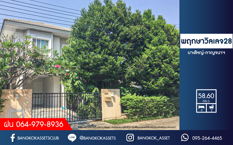 บ้านเดี่ยวมือสองย่านนนทบุรี ม.พฤกษาวิลเลจ28 บางใหญ่-กาญจนาฯ เนื้อที่กว้างขวางมากถึง 58.60 ตร.ว. ฟังก์ชัน 3 ห้องนอน 2 ห้องน้ำ ที่จอดรถ 1 คัน  แถมฟรี! เครื่องปรับอากาศ 3 เครื่อง บนทำเลเดินทางสะดวก ใกล้รถไฟฟ้าสายสีม่วง "สถานีตลาดบางใหญ่" และทางด่วน "กาญจณาภิเษก"