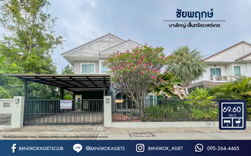 *****บ้านเดี่ยวมือสองย่านนนทบุรี ม.ชัยพฤกษ์ บางใหญ่-เซ็นทรัลเวสต์เกต เนื้อที่กว้างขวางสูงถึง 69.6 ตร.ว. ฟังก์ชัน 3 ห้องนอน 3 ห้องน้ำ 2 ที่จอดรถ บ้านพร้อมอยู่ ตกแต่งใหม่ บนทำเลศักยภาพ เพียง 10 นาทีก็ถึงรถไฟฟ้าสายสีม่วง "สถานีคลองบางไผ่" จองด่วน!