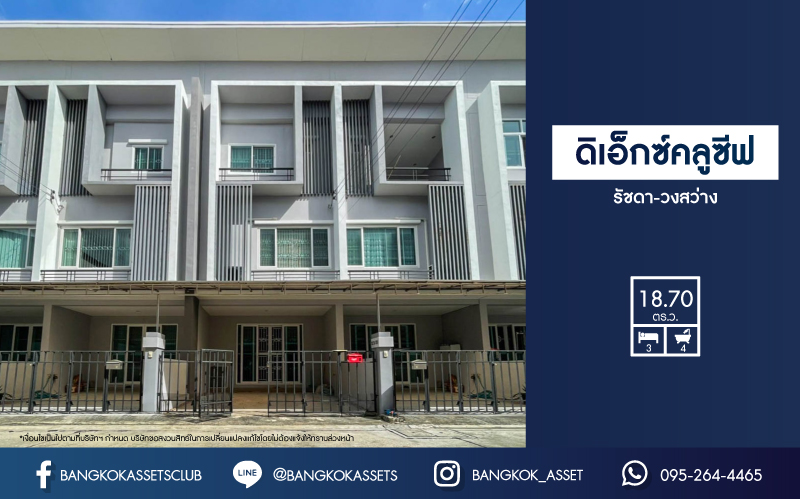 *****ทาวน์โฮมมือสอง ม. ดิเอ็กคลูซีฟ รัชดา-วงส์สว่าง บ้านสวยพร้อมเข้าอยู่ บนเนื้อที่กว่า 18.7 ตร.ว. พื้นที่ใช้สอยกว้างถึง 134 ตร.ม. 3 ห้องนอน 4 ห้องน้ำ 2 ที่จอดรถ บนทำเลโซนเมือง เดินทางสะดวกใกล้ร้านอาหาร เชื่อมต่อถนน วงศ์สว่าง, ติวานนท์, รัตนาธิเบศร์ ใกล้รถไฟฟ้าสายสีม่วงสถานี "แยกติวานนท์" และ ทางด่วน "ศรีรัช"