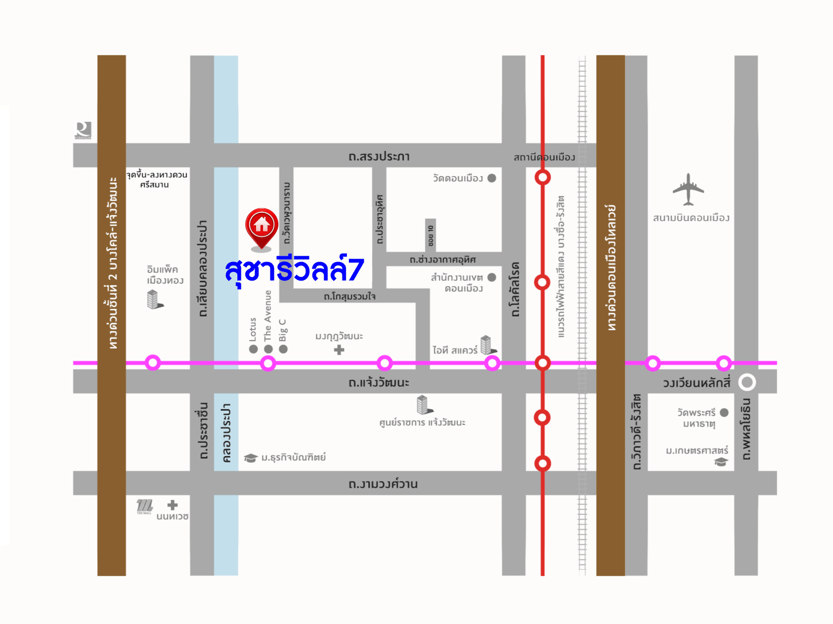 ทาวน์เฮาส์มือสองกรุงเทพมหานคร ม.สุชารีวิลล์7 สรงประภา เนื้อที่ 20 ตร.ว บ้านใหม่สภาพดีพร้อมฟังก์ชัน 3 ห้องนอน 3 ห้องน้ำ 1 ที่จอดรถ พร้อมต่อเติมครัว ระบบรักษาความปลอดภัยครบครัน เชื่อมต่อถนนหลายสาย บนทำเลใกล้สนามบิน และโครงการรถไฟฟ้าสีแดง "สถานีดอนเมือง"
