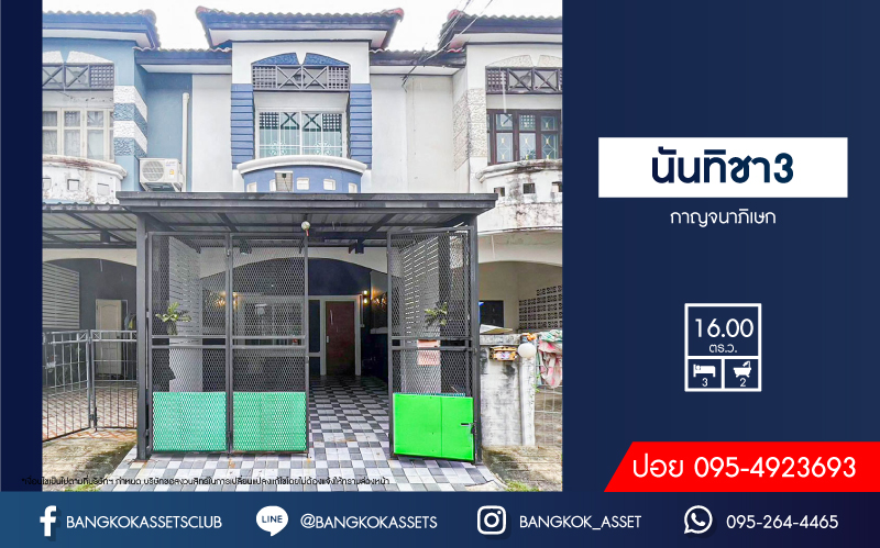 *****ทาวน์เฮ้าส์มือสองนนทบุรี หมู่บ้าน นันทิชา3 กาญจนาภิเษก เนื้อที่ 16 ตร.ว. ฟังก์ชัน 3 ห้องนอน 2 ห้องน้ำ 1 ที่จอดรถ บ้านสภาพสวย บนทำเลศักยภาพ เชื่อมต่อถนนกาญจนาภิเษก, ถนนบ้านกล้วย-ไทรน้อย, ถนนชัยพฤกษ์ ใกล้รถไฟฟ้าสายสีม่วง "สถานีคลองบางไผ่" จองด่วน!