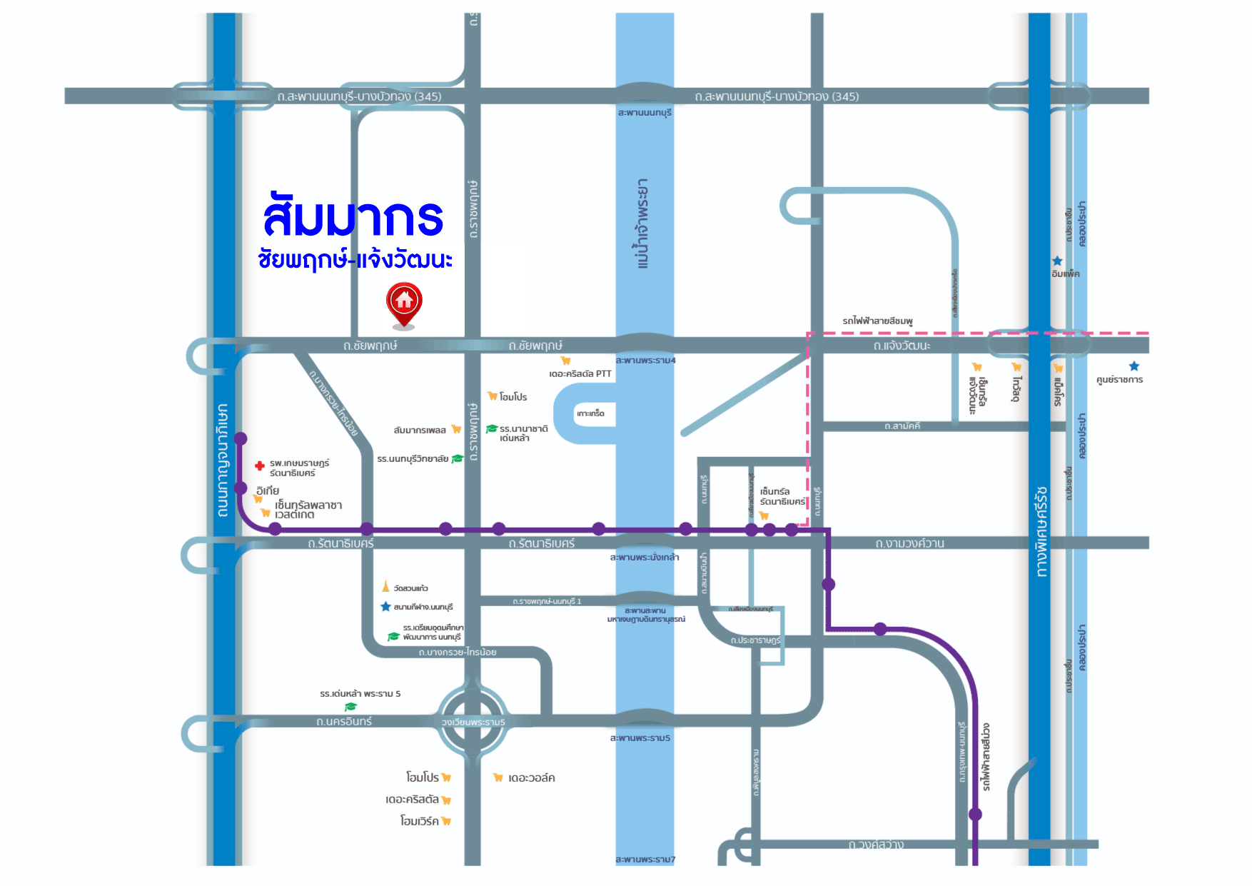 *****บ้านเดี่ยวมือสอง โครงการ สัมมากร ชัยพฤกษ์-แจ้งวัฒนะ เนื้อที่ 57.90 ตร.ว. ฟังก์ชัน 3 ห้องนอน 3 ห้องน้ำ 2 ที่จอดรถ บ้านใหม่ไม่เคยเข้าอยู่ ภายในสภาพดีเยี่ยม โครงการตั้งบนทำเลเดินทางสะดวก เชื่อมต่อถนนชัยพฤกษ์ ใกล้รถไฟฟ้าสายสีชมพู "สถานีปากเกร็ด"  และจุดขึ้นทางด่วน "แจ้งวัฒนะ"