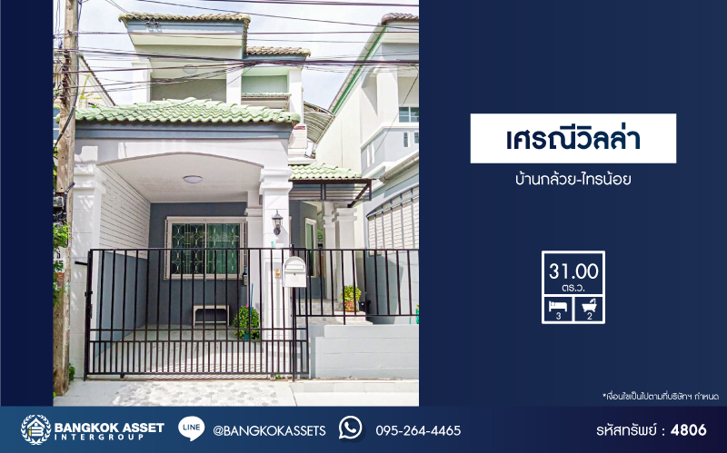 *****ทาวน์เฮ้าส์มือสองนนทบุรี โครงการ เศรณีวิลล่า บ้านกล้วย-ไทรน้อย เนื้อที่กว้างขวางถึง 31 ตร.ว. ฟังก์ชัน 3 ห้องนอน 2 ห้องน้ำ 1 ที่จอดรถ บ้านปรับปรุงใหม่สภาพดีมาก บนทำเลแห่งการเดินทาง เชื่อมต่อถนนกาญจนาภิเษก ใกล้รถไฟฟ้าสายสีม่วง "สถานีคลองบางไผ่" และทางด่วน "ศรีรัช" ในราคาสุดคุ้ม!