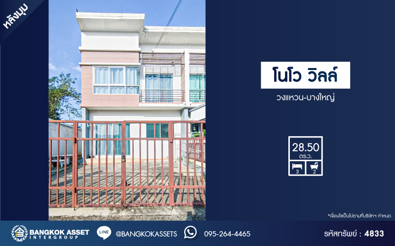 *****ทาวน์เฮ้าส์มือสอง โครงการ โนโว วิลล์ วงแหวน-บางใหญ่ หลังมุม เนื้อที่ 28.50 ตร.ว. ฟังก์ชัน 3 ห้องนอน 2 ห้องน้ำ ภายในเหมือนใหม่ พร้อมเข้าอยู่ได้ทันที บนทำเลเดนทางสะดวก เชื่อมต่อถนนสะพานนนทบุรี-บางบัวทอง(345) ถนนกาญจนาภิเษก ถนนราชพฤกษ์ ใกล้ห้างสรรพสินค้าเซ็นทรัล เวสต์เกต