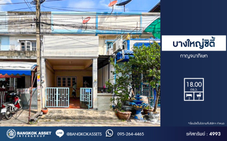 *****ทาวน์เฮ้าส์มือสองนนทบุรี โครงการ บางใหญ่ซิตี้ กาญจนาภิเษก เนื้อที่ 18 ตร.ว. ฟังก์ชัน 2 ห้องนอน 2 ห้องน้ำ 1 ที่จอดรถ บ้านสภาพดี บนทำเลใกล้รถไฟฟ้าสายสีม่วง "สถานีตลาดบางใหญ่" เพียง 700 เมตร เชื่อมต่อถนนกาญจนาภิเษก, ถนนรัตนาธิเบศร์ และใกล้เซ็นทรัลเวสต์เกต