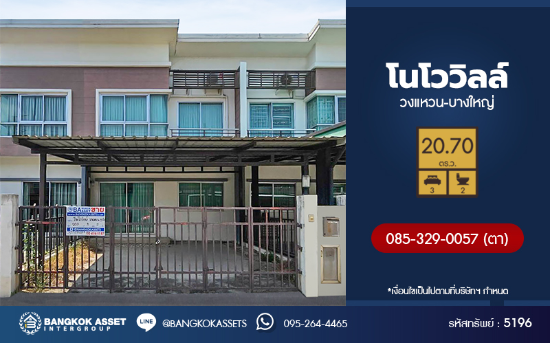 *****ทาวน์เฮ้าส์มือสองนนทบุรี โครงการ โนโววิลล์ วงแหวน-บางใหญ่ เนื้อที่กว้าง 20.7 ตร.ว. ฟังก์ชัน 3 ห้องนอน 2 ห้องน้ำ 2 ที่จอดรถ บ้านสวย พร้อมเข้าอยู่ บนทำเลดี เชื่อมต่อ ถนนกาญจนาภิเษก, ถนนสะพานนนทบุรี-บางบัวทอง ใกล้รถไฟฟ้าสายสีม่วง "สถานีคลองบางไผ่" และทางด่วน "ศรีรัช"