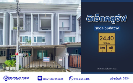 ทาวน์โฮมมือสองนนทบุรี โครงการ ดิเอ็กคลูซีฟ รัชดา-วงศ์สว่าง เนื้อที่กว้าง 24.4 ตร.ว. ฟังก์ชัน 3 ห้องนอน 3 ห้องน้ำ 2 ที่จอดรถ บ้านใหม่ ไม่เคยเข้าอยู่ บนทำเลโซนเมือง เดินทางสะดวก เชื่อมต่อ ถนนวงศ์สว่าง, ถนนติวานนท์, ถนนรัตนาธิเบศร์ ใกล้ทางด่วน "ศรีรัช" และรถไฟฟ้าสายสีม่วง "สถานีแยกติวานนท์"