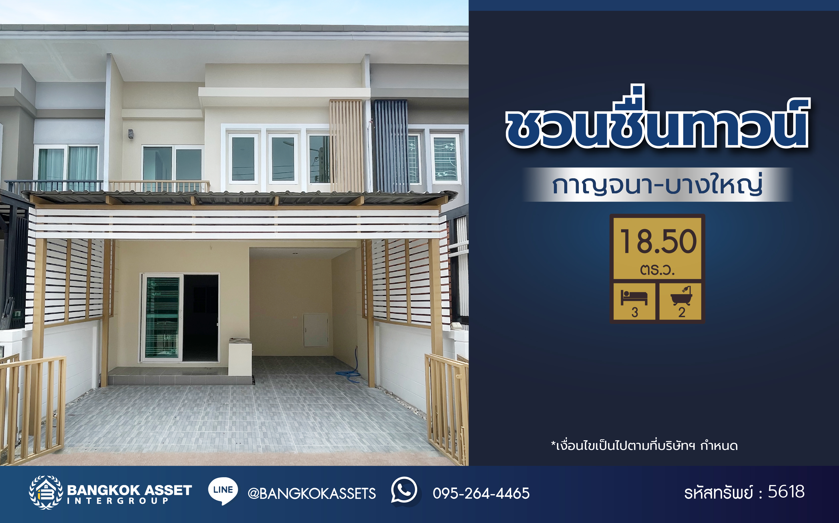 *****ทาวน์เฮ้าส์มือสองย่านนนทบุรี โครงการ ชวนชื่นทาวน์ กาญจนาฯ-บางใหญ่ เนื้อที่กว้างขวางถึง 18.50 ตร.ว. ฟังก์ชันจัดเต็มถึง 3 ห้องนอน 2 ห้องน้ำ บ้านสภาพดี พร้อมอยู่ บนทำเลยอดเยี่ยมเชื่อมต่อ ถนนกาญจนาภิเษก, ถนนรัตนาธิเบศร์ ใกล้รถไฟฟ้าสายสีม่วง "สถานีคลองบางไผ่" ใกล้จุดขึ้นทางด่วน "ศรีรัช" และ ใกล้เซ็นทรัลเวสต์เกต