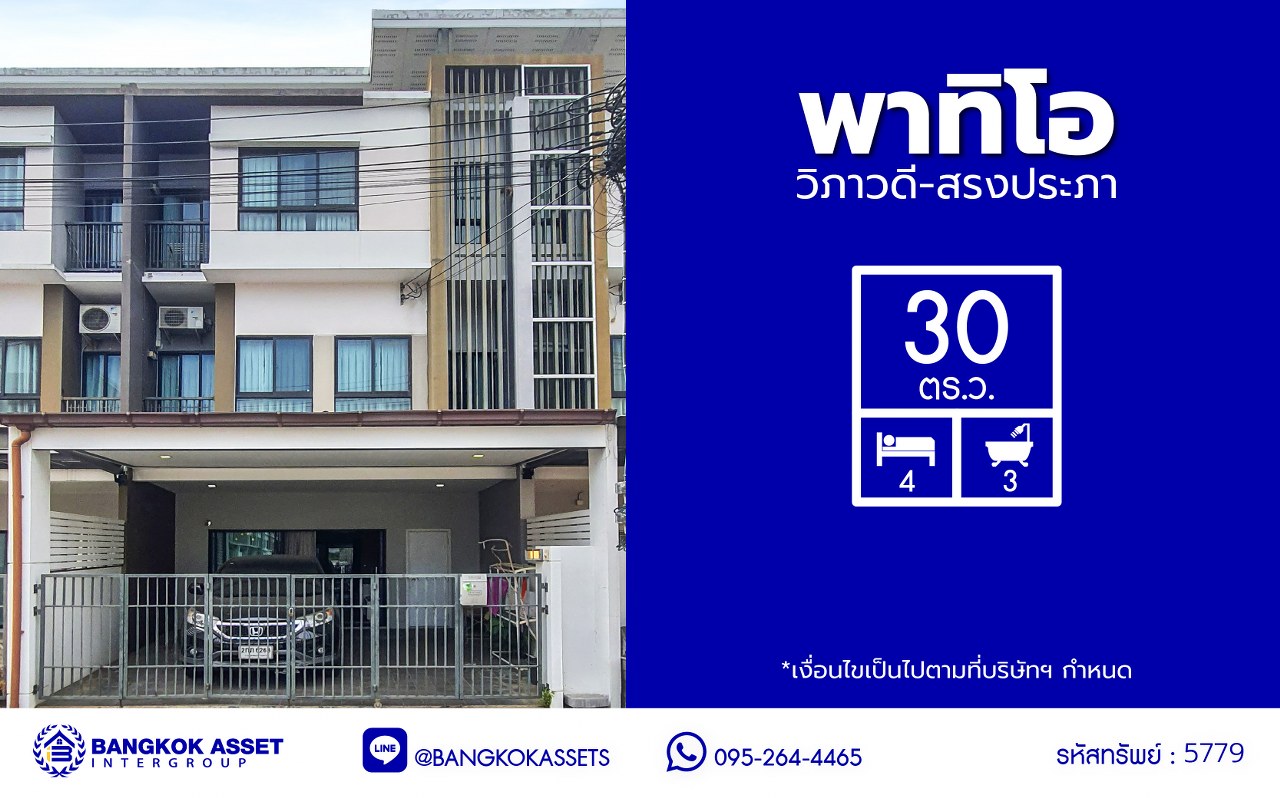 *****ทาวน์เฮ้าส์มือสองกรุงเทพฯ โครงการ พาทิโอ วิภาวดี-สรงประภา เนื้อที่กว้าง 20.50 ตร.ว. พื้นที่ใช้สอย 165 ตร.ม. ฟังก์ชัน 3 ห้องนอน 3 ห้องน้ำ 2 ที่จอดรถ บนทำเลดี เชื่อมต่อถนนสรงประภา, ถนนแจ้งวัฒนะ, ถนนวิภาวดีรังสิต ใกล้รถไฟฟ้าสายสีแดง "สถานีดอนเมือง" และจุดขึ้นทางด่วน "ดอนเมือง"