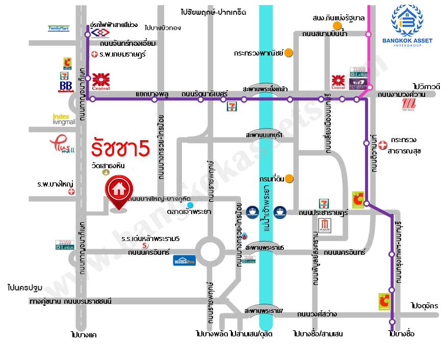 บ้านเดี่ยวมือสองนนทบุรี โครงการ รัชชา5 กาญจนาภิเษก เนื้อที่ 72.50 ตร.ว. พื้นที่ใช้สอย 180 ตร.ม. ฟังก์ชัน 3 ห้องนอน 3 ห้องน้ำ 2 ที่จอดรถ บ้านสภาพสวย พร้อมเข้าอยู่ บนทำเลแห่งการเดินทาง เชื่อมต่อถนนกาญจนาภิเษก, ถนนรัตนาธิเบศร์, ถนนราชพฤกษ์ ใกล้รถไฟฟ้าสายสีม่วง "สถานีตลาดบางใหญ่"