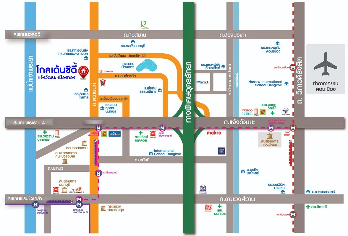 บ้านมือสอง โครงการ โกลเด้น ซิตี้ แจ้งวัฒนะ-เมืองทอง บนเนื้อที่ 29 ตร.ว. พื้นที่ใช้สอย 168 ตร.ม. ฟังก์ชัน 4 ห้องนอน 4 ห้องน้ำ 2 ที่จอดรถ บ้านสภาพสวย ใกล้เมืองเดินทางสะดวก เชื่อมต่อถนนติวานนท์, ถนนศรีสมาน, ถนนสรงประภา ใกล้รถไฟฟ้าสายสีชมพู "สถานีห้าแยกปากเกร็ด" จุดขึ้นทางด่วน "อุดรรัถยา"