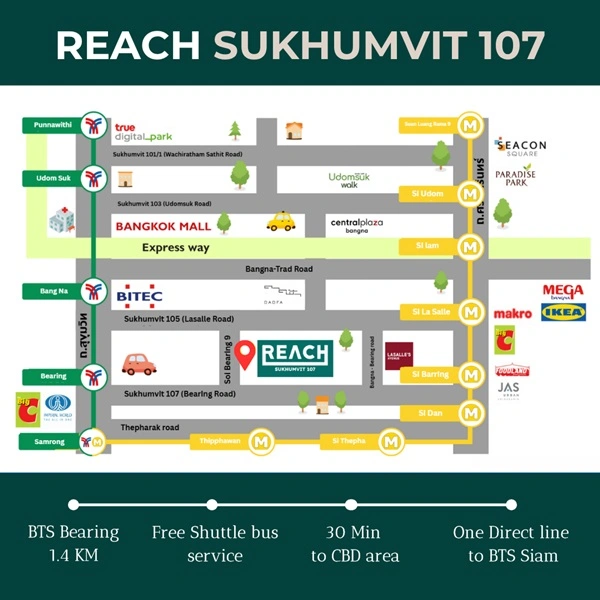 Your Affordable Urban Escape Awaits, Reach Sukhumvit 107 – just 1.4 km from BTS Bearing