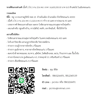 ขายที่ดินสวยทำเลดี เนื้อที่ 2 ไร่ 2 งาน 23.6 ตร.ว ราคา 16,600,000.00 บาท (6.5 ล้านต่อไร่) ในเมืองขอนแก่น