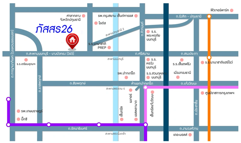 บ้านเดี่ยวพร้อมเข้าอยู่ โครงการ ภัสสร26 ราชพฤกษ์-ติวานนท์ หลังมุม เนื้อที่กว้าง 64.10 ตร.ว. พืนที่ใช้สอย 150 ตร.ม. ฟังก์ชัน 3 ห้องนอน 3 ห้องน้ำ 2 ที่จอดรถ บนทำเลเชื่อมต่อถนน345, ถนนราชพฤกษ์ ใกล้โครงการรถไฟฟ้าสายสีชมพู "สถานีแยกปากเกร็ด"
