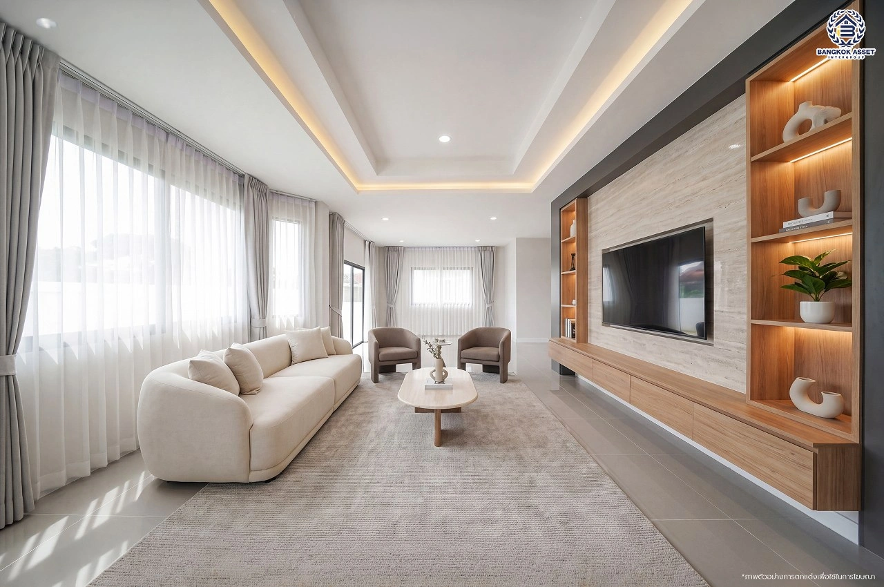 บ้านเดี่ยวรีโนเวทใหม่ โครงการ กรองทอง พาวิลเลี่ยน เนื้อที่กว้าง 73 ตร.ว. พื้นที่ใช้สอย 265.58 ตร.ม. ฟังก์ชัน 4 ห้องนอน 3 ห้องน้ำ 2 ที่จอดรถ ทำเลใกล้ถนนเฉลิมพระเกียรติ ร.9 เชื่อมต่อสุขุมวิท-อ่อนนุช และใกล้สนามบินสุวรรณภูมิ