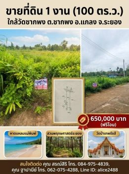 ขายที่ดินขนาด 100 ตารางวา  1 งาน ซากพง แกลง ระยอง ราคา 650,000 บาท