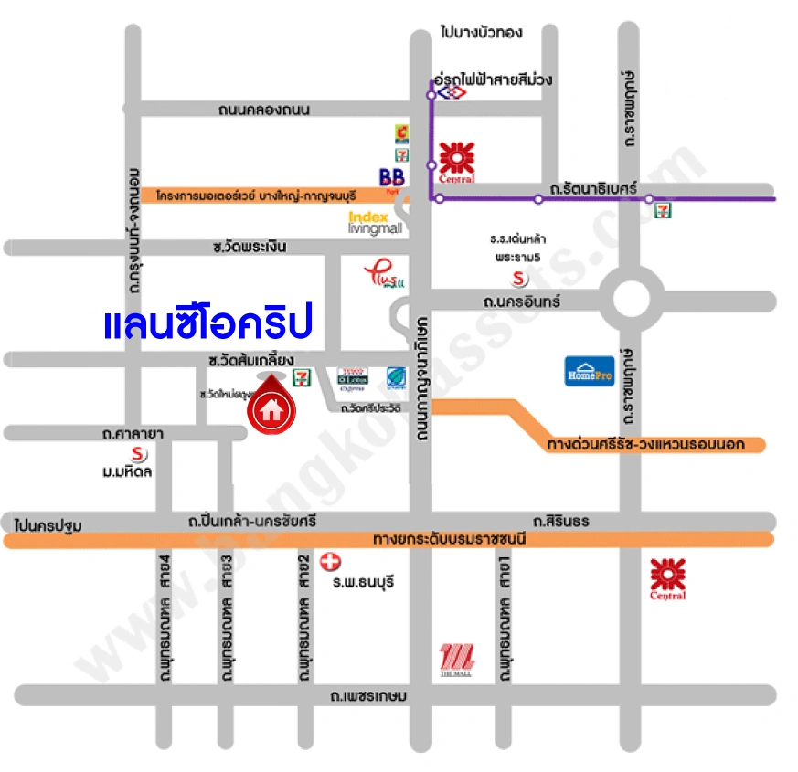 บ้านแฝดมือสอง 2 ชั้น โครงการ แลนซีโอ คริป ปิ่นเกล้า–วงแหวนฯ เนื้อที่ 41.40 ตร.ว. พื้นที่ใช้สอย 110 ตร.ม. ฟังก์ชัน 3 ห้องนอน 2 ห้องน้ำ 1 ที่จอดรถ เข้า–ออกได้ทางถนนกาญจนาภิเษกและถนนบรมราชชนนี ใกล้ MRT สายสีม่วง "สถานีตลาดบางใหญ่" และทางพิเศษ "ศรีรัช–วงแหวนรอบนอก"